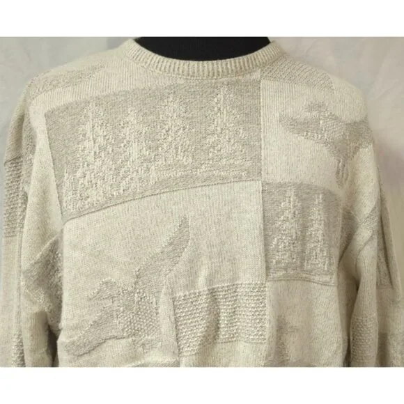 Vtg Croft & Barrow Sweater Mens XL Cream Ducks Tree Embossed Graphic USA Sweater - Picture 2 of 14